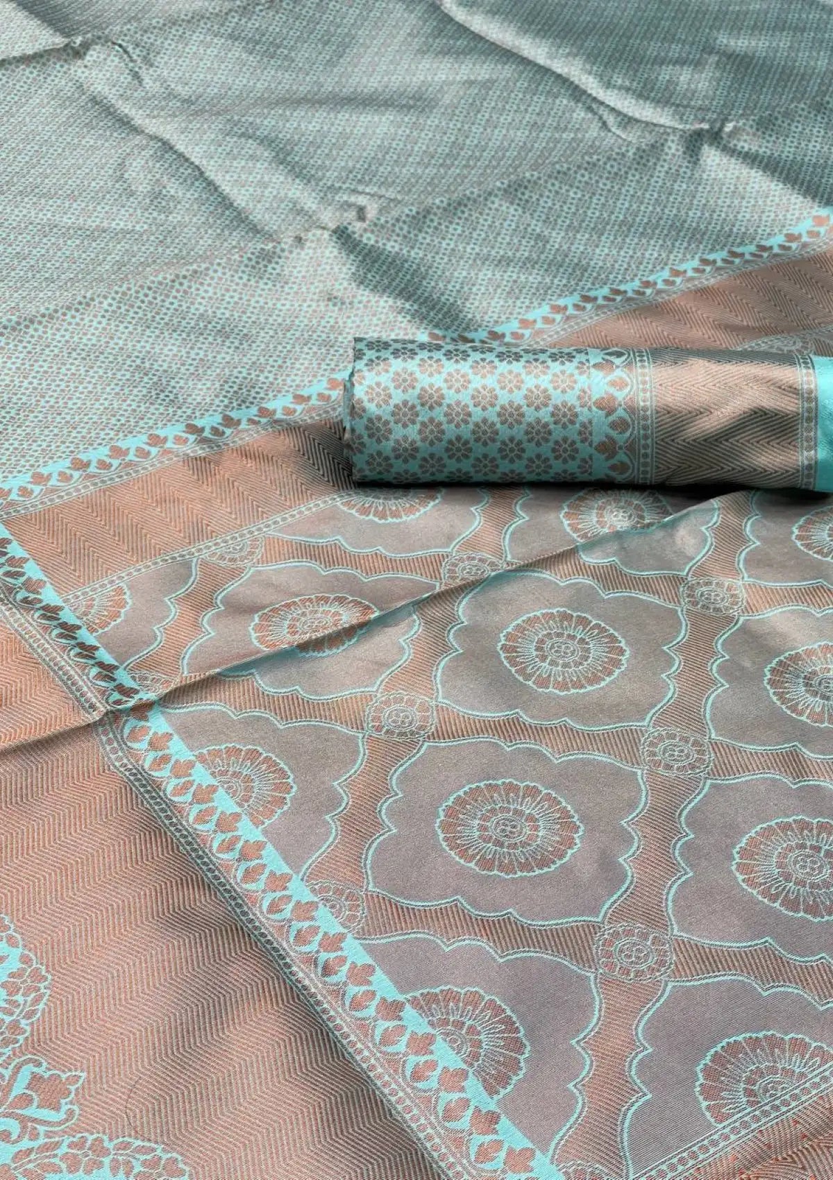 Banarasi Silk Teal with Copper Zari