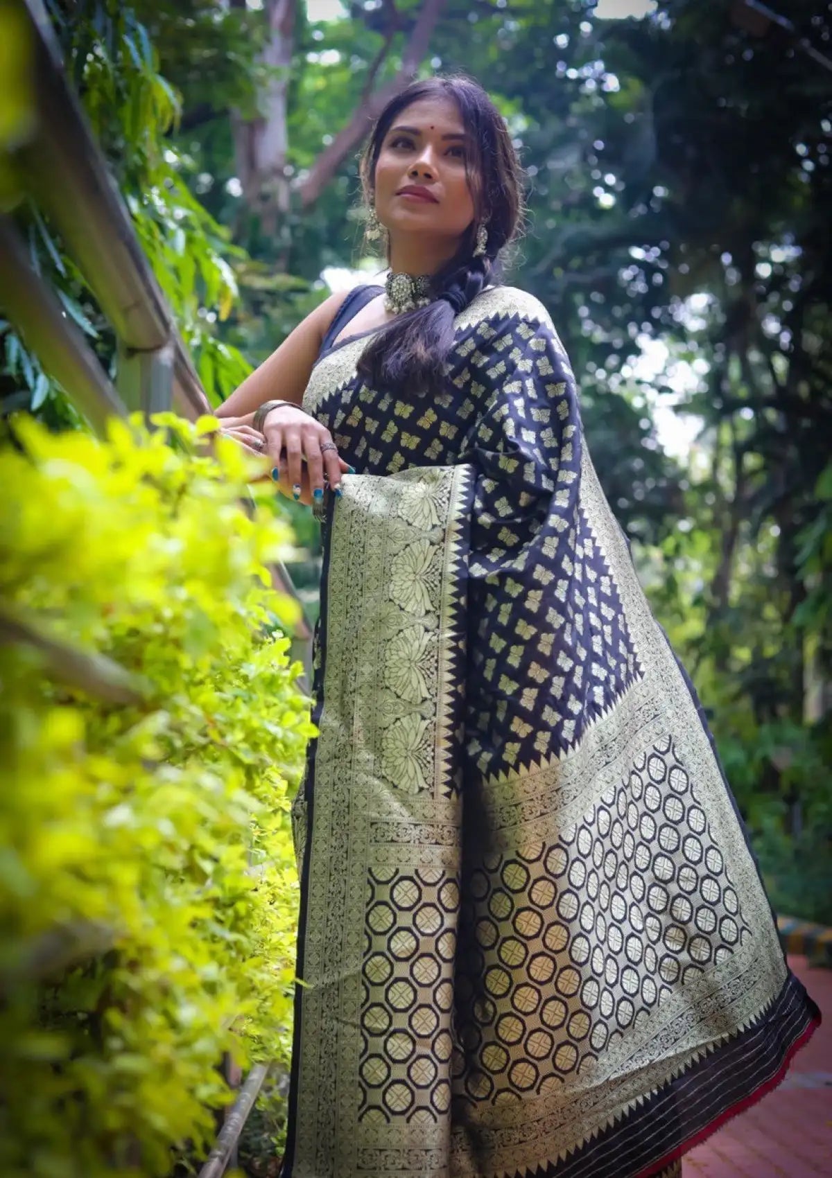 Black Butterfly Zari Woven Pure Silk Saree