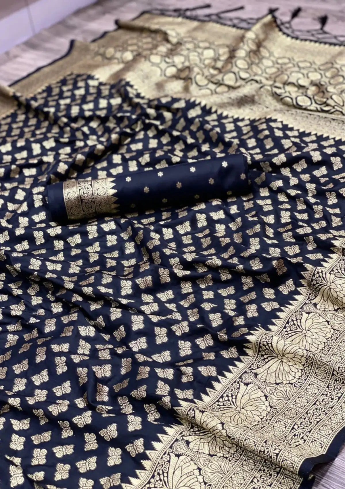 Black Butterfly Zari Woven Pure Silk Saree