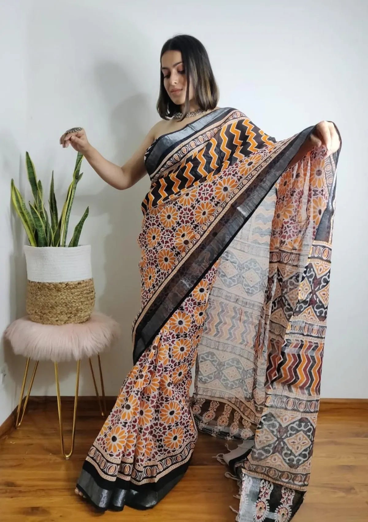Black Yellow Floral Print Linen saree