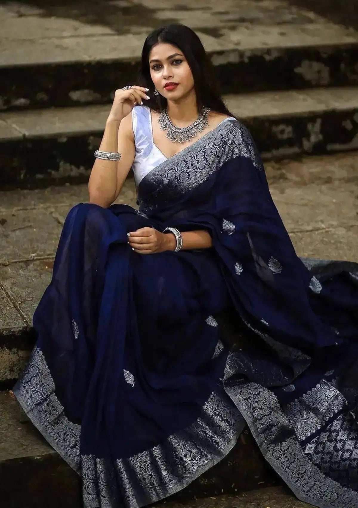 Blue with Silver Zari Traditional Saree