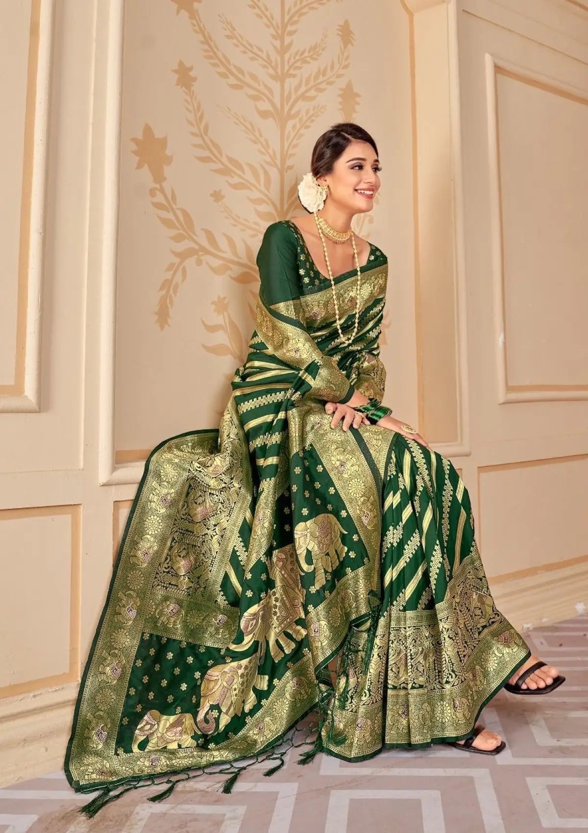 Bottle Green Zari Woven Pure Silk Saree
