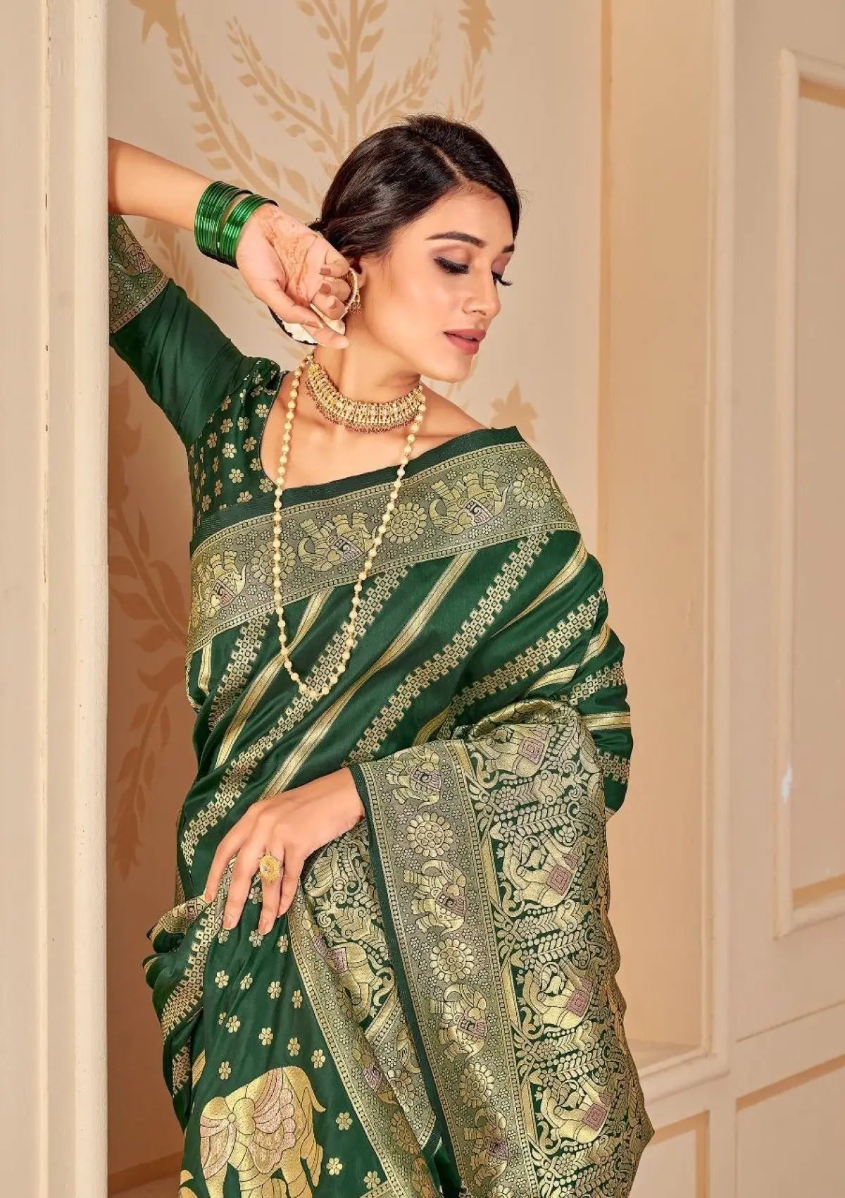 Bottle Green Zari Woven Pure Silk Saree