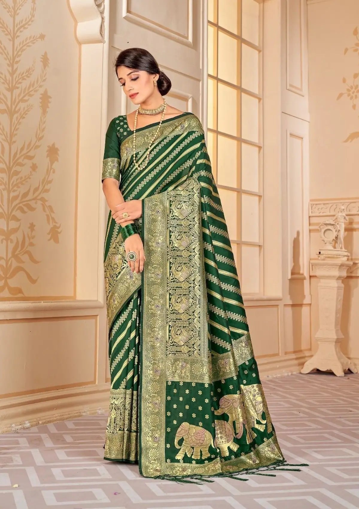 Bottle Green Zari Woven Pure Silk Saree