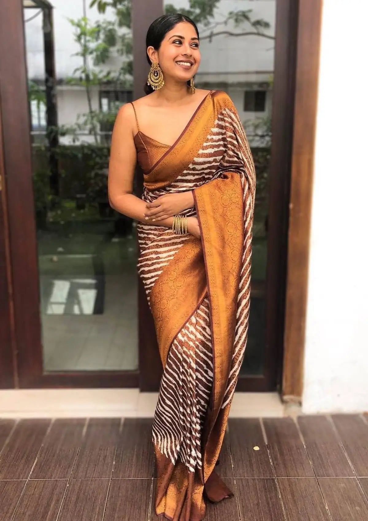 Coffee Leheriya Copper Banarasi Silk Saree