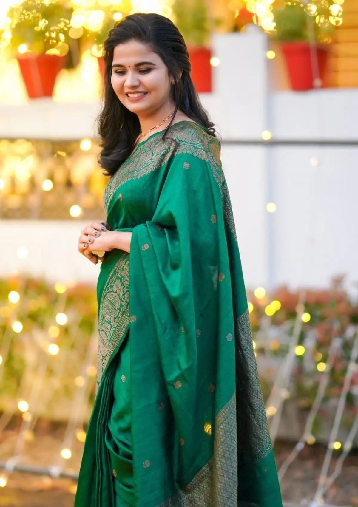 Dark Green Banarasi Copper Zari Weaving Saree