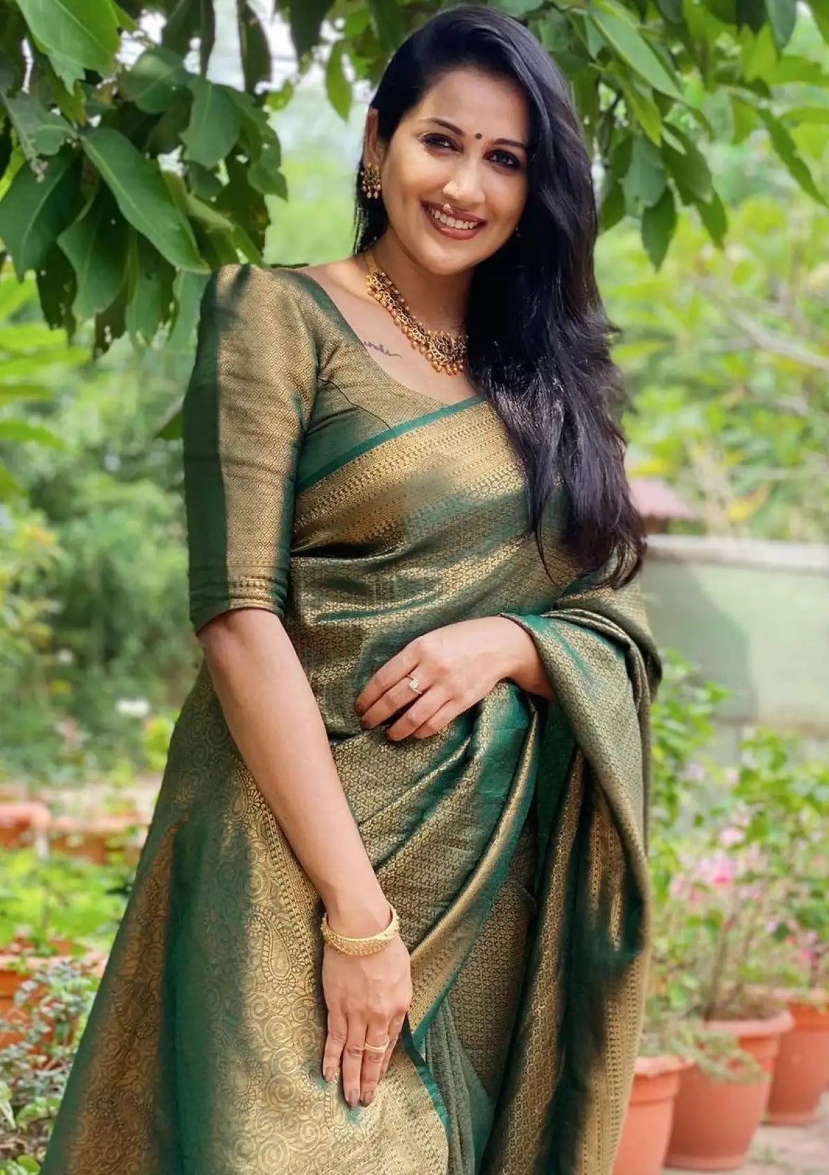 Dark Green Banarasi Copper Zari Work Saree