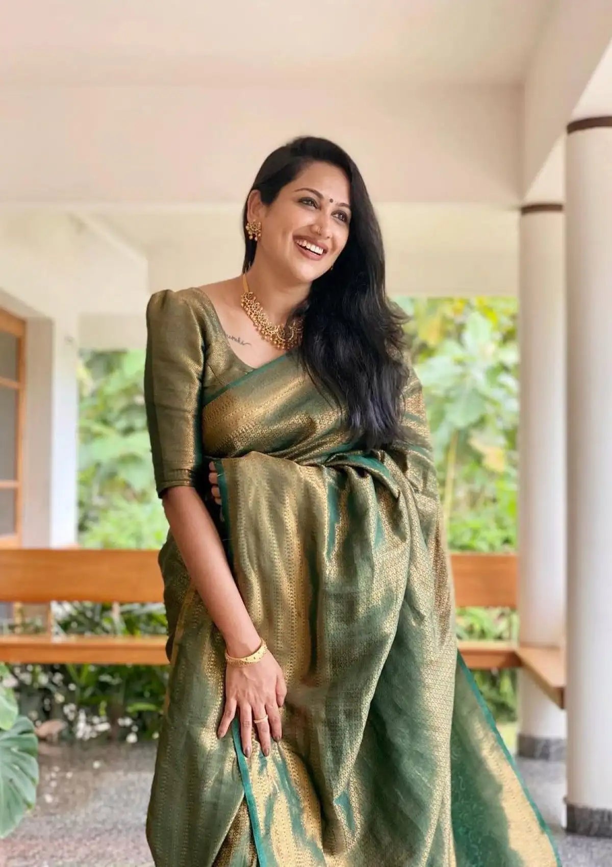 Dark Green Banarasi Copper Zari Work Saree