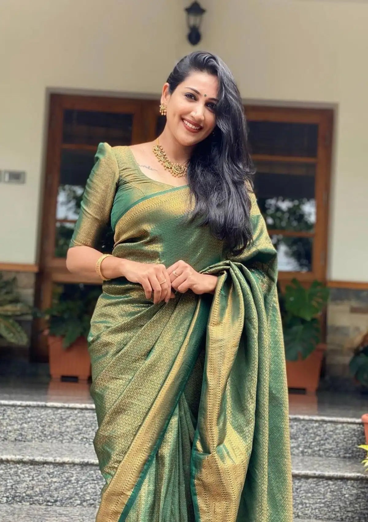 Dark Green Banarasi Copper Zari Work Saree