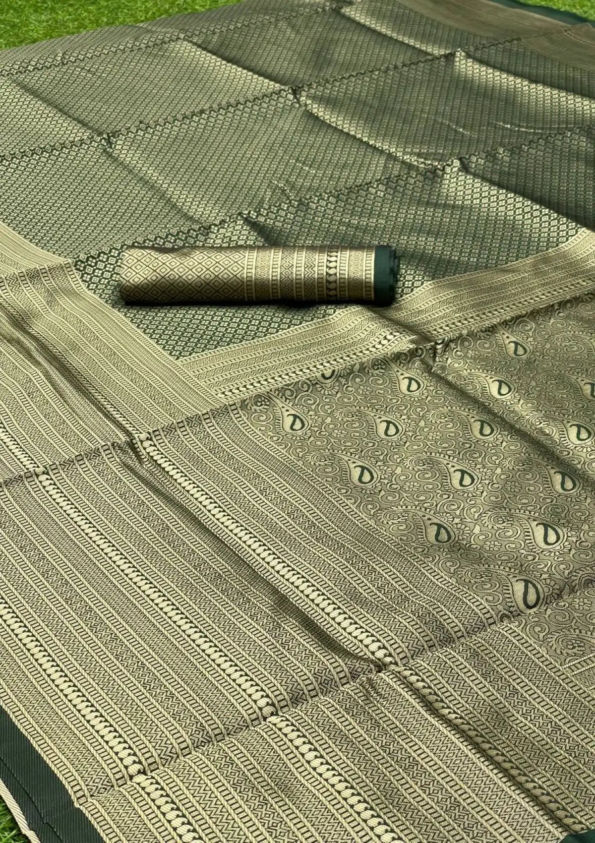 Dark Green Banarasi Copper Zari Work Saree