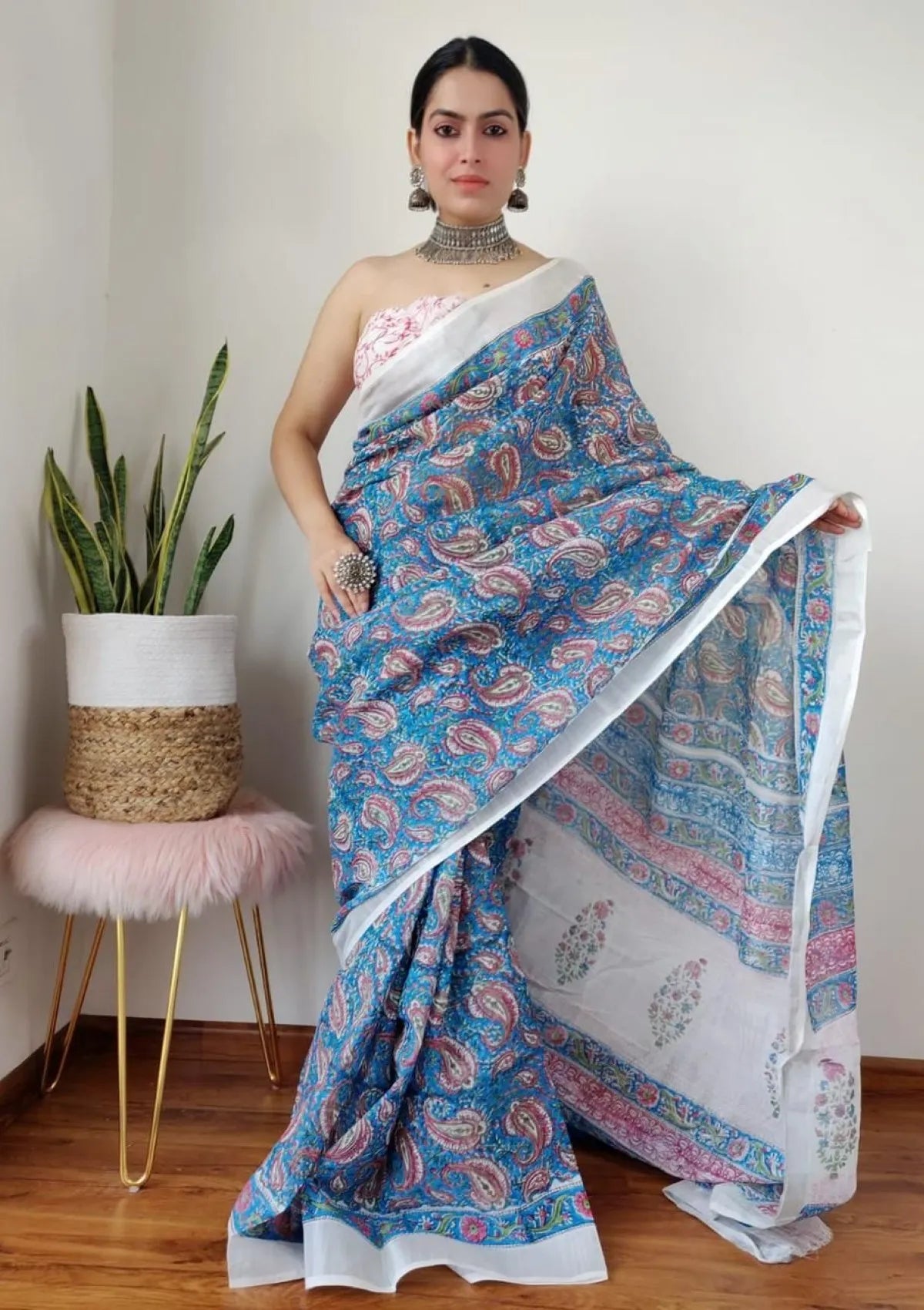 Firozi Keri Print Linen Saree