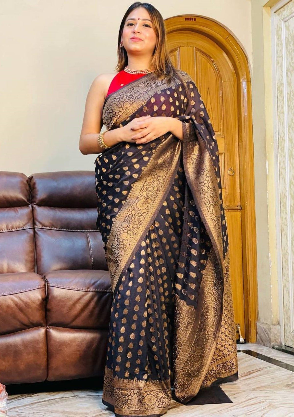 Gold Zari Woven Black Banarasi Silk Saree