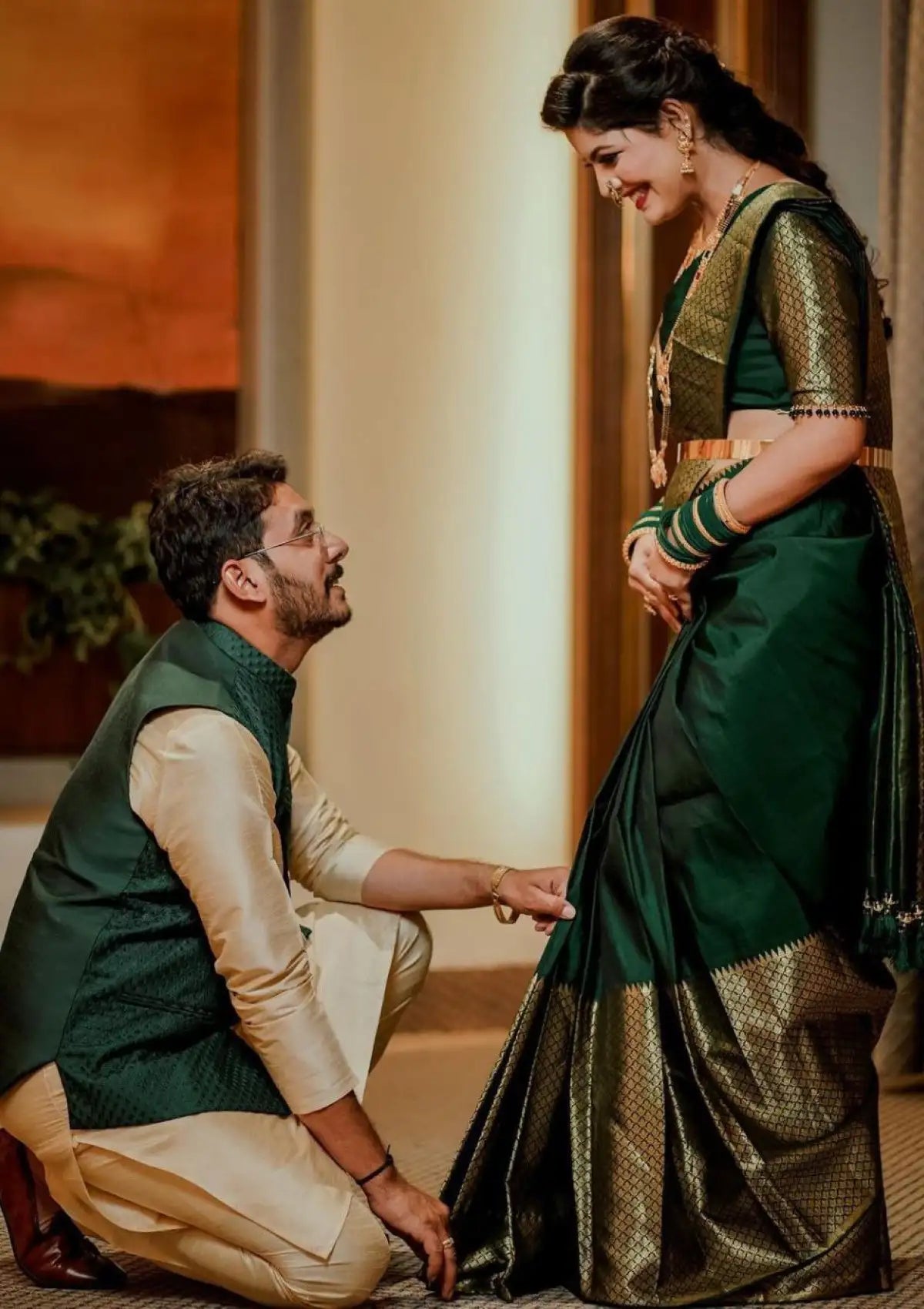 Green Plain with Gold Big Border Saree