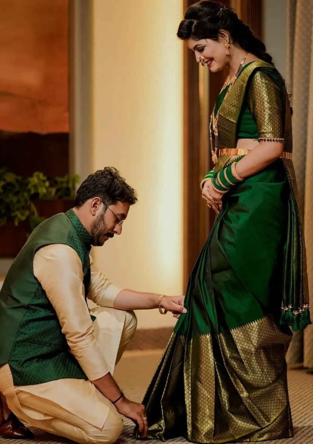 Green Plain with Gold Big Border Saree
