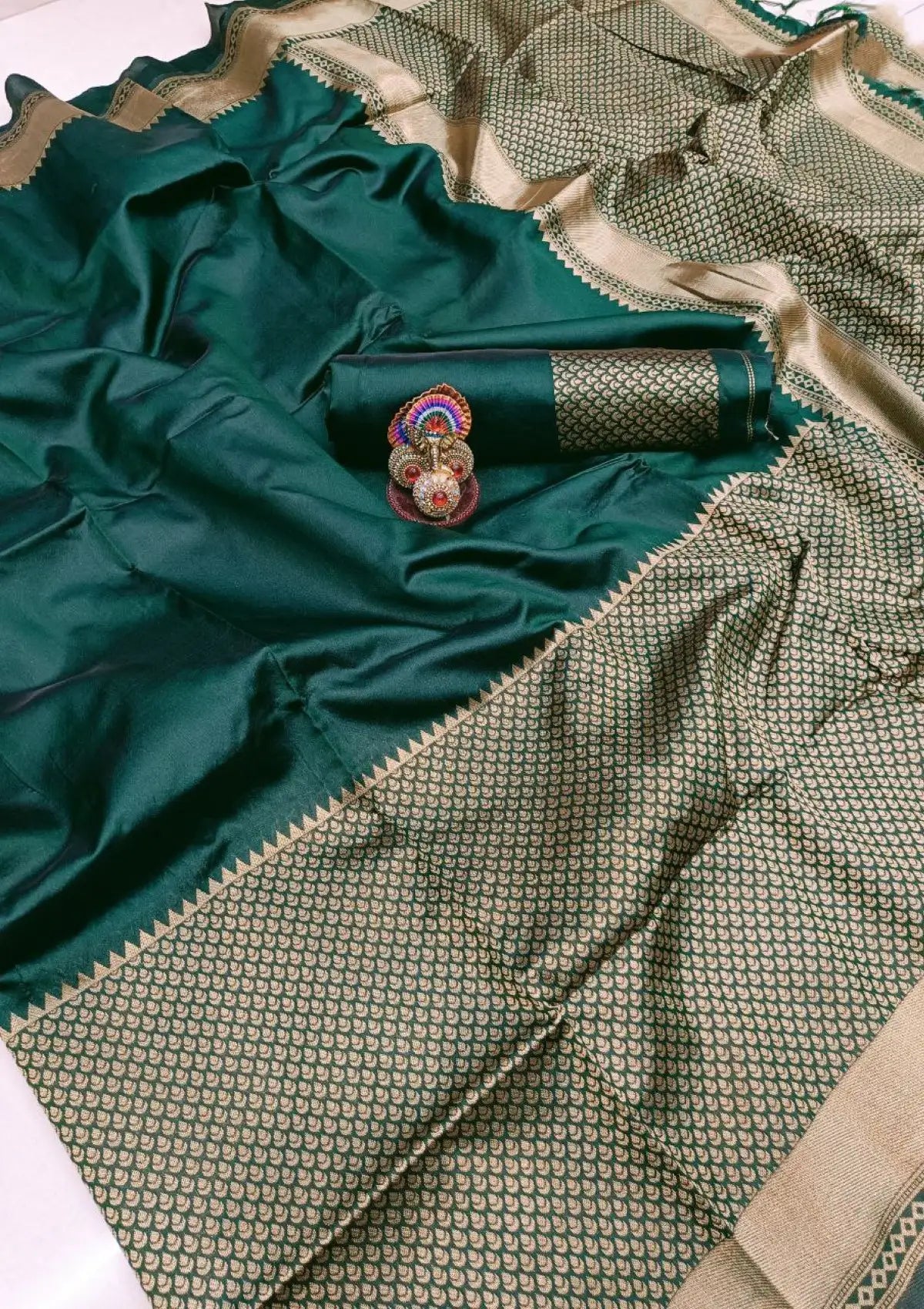 Green Plain with Gold Big Border Saree