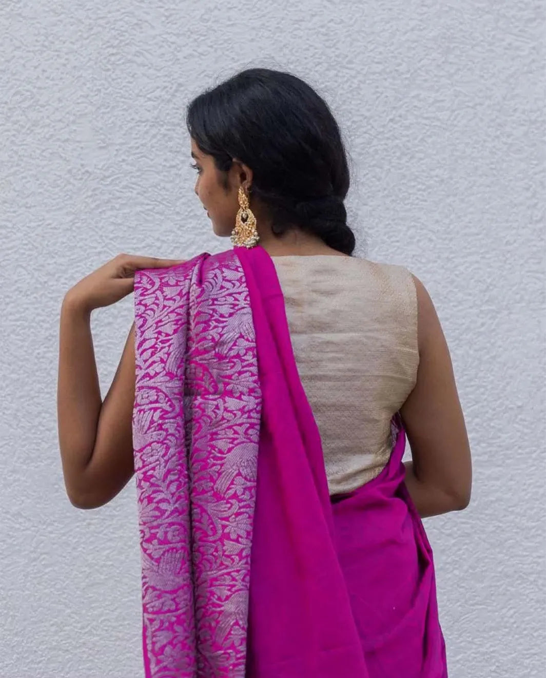 Hit Pink Saree with Silver Zari