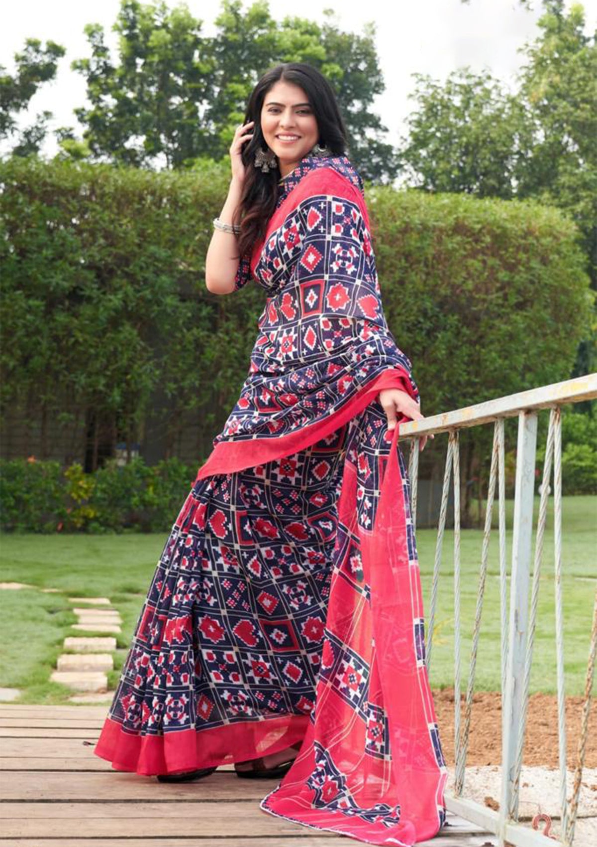 Navy Blue Ikkat Print Soft Mulmul saree