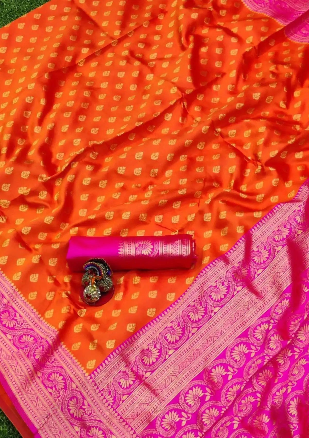 Orange Butti with Gold Saree