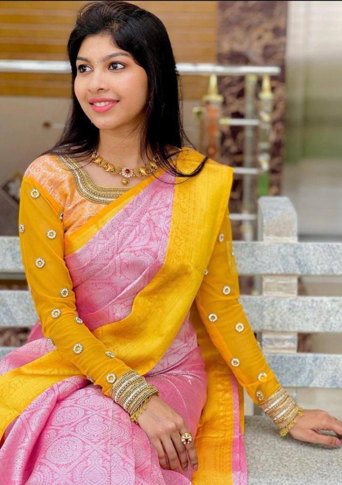 Peach Silver Zari Banarasi Silk Saree