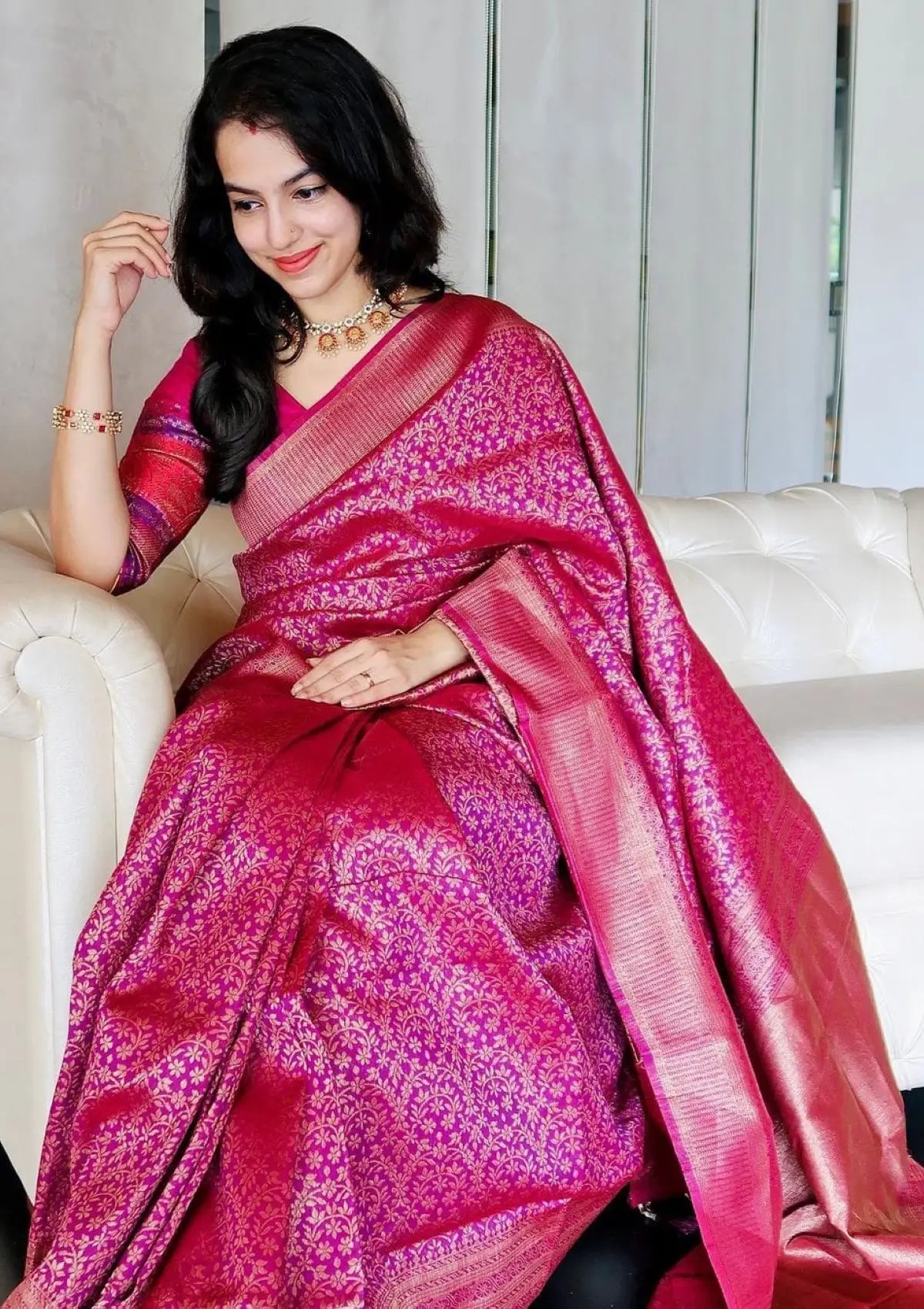 Pink Soft Lichi Silk Wedding Wear Saree