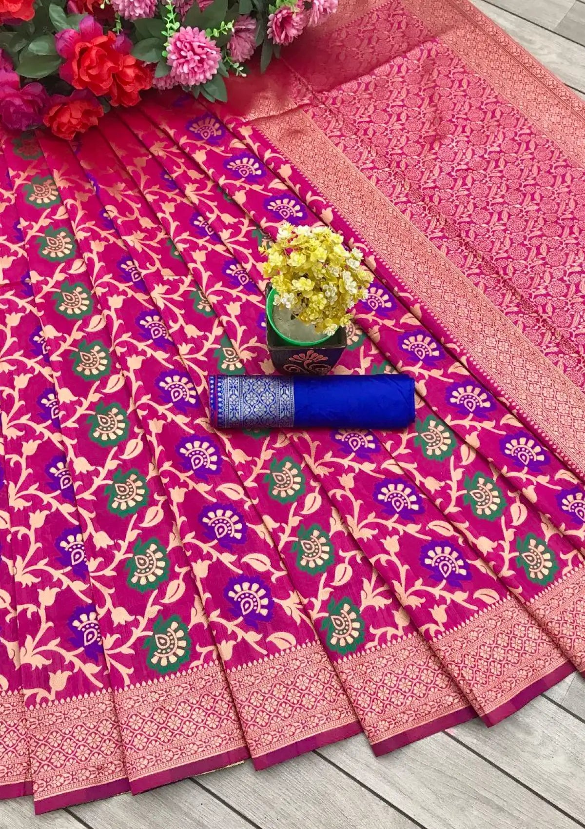 Pink with gold zari Meena Work Saree