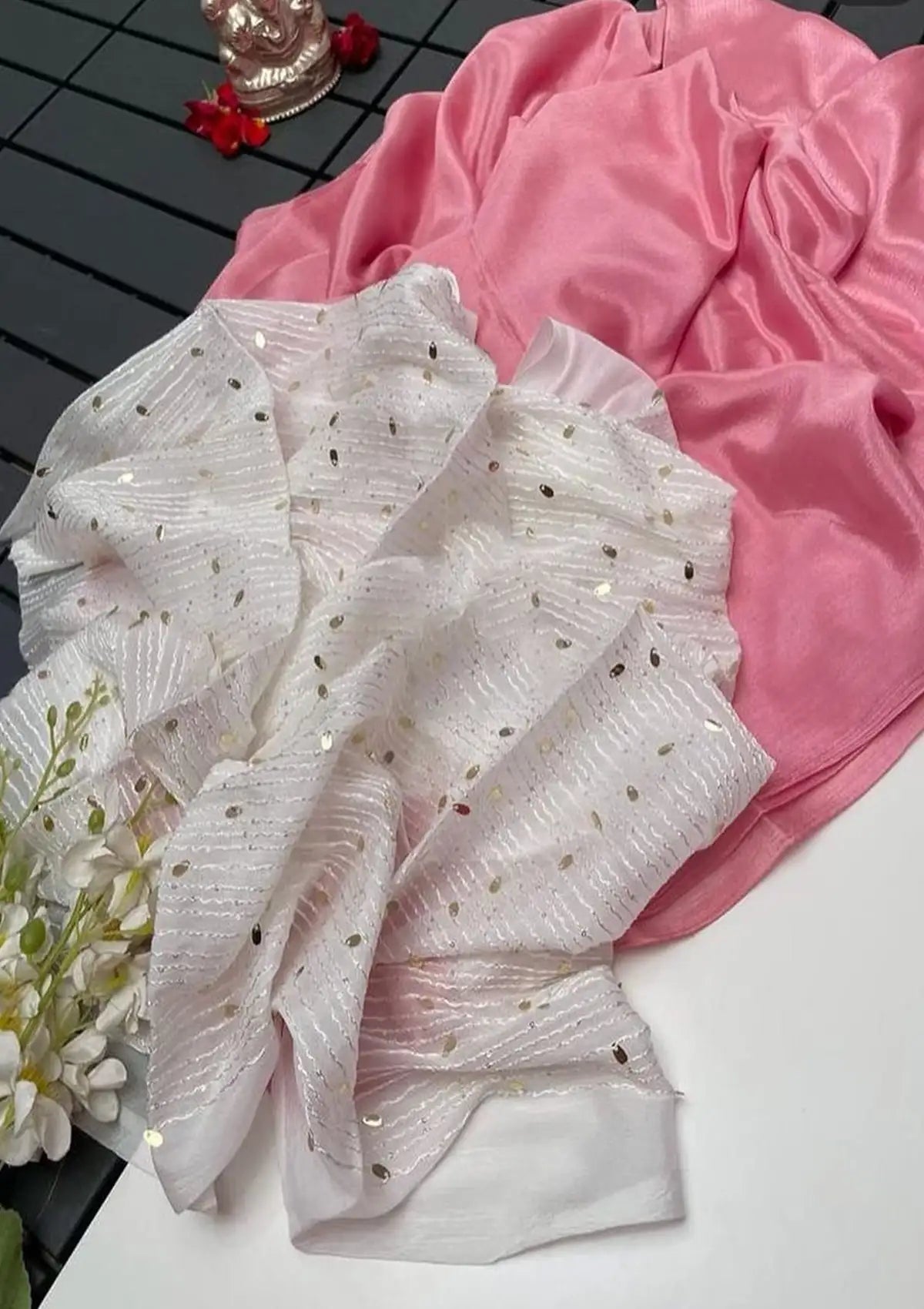 Plain Chinon saree with Sequence Blouse