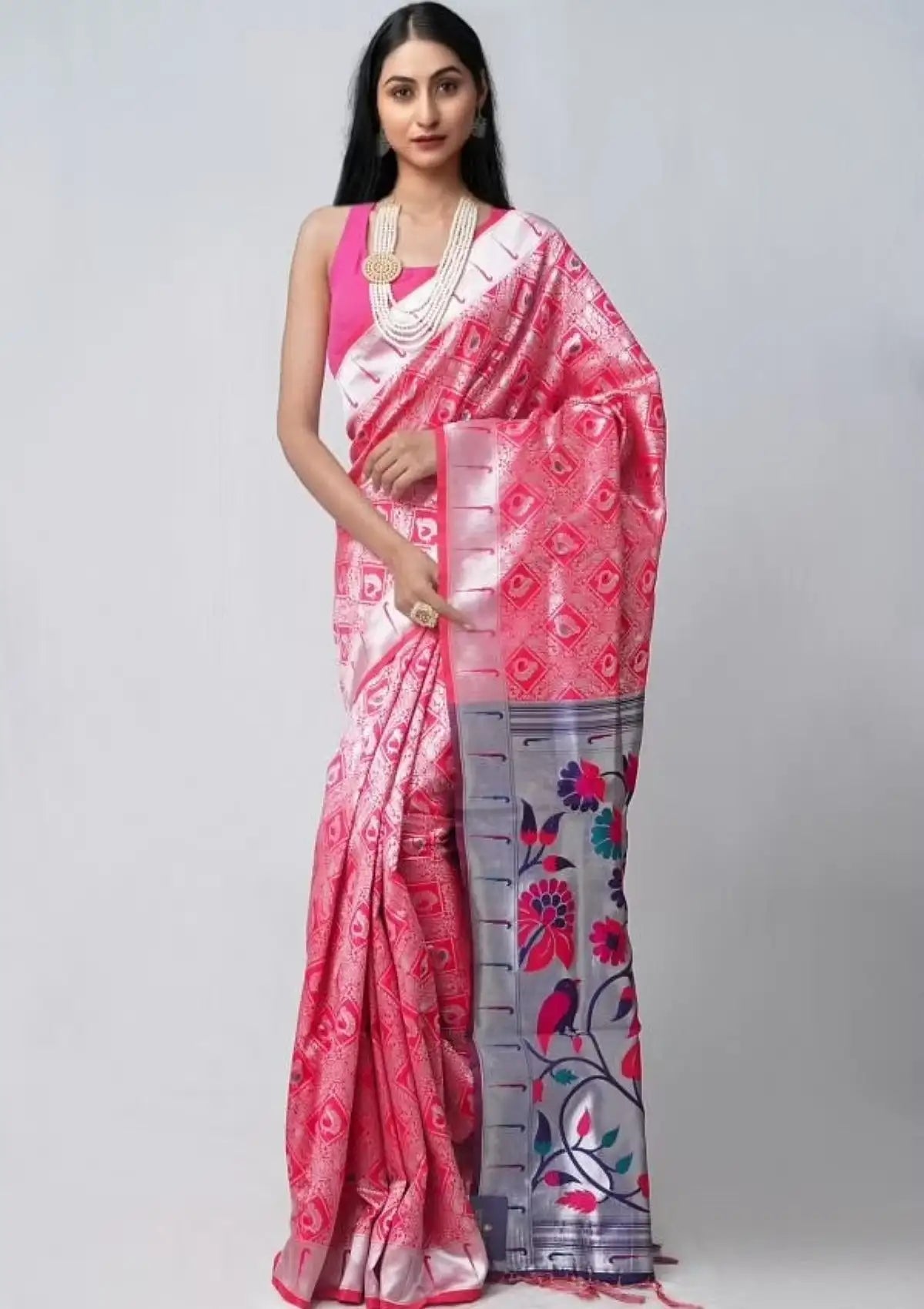 Pure Silver Paithani Silk Saree with Rich Pallu