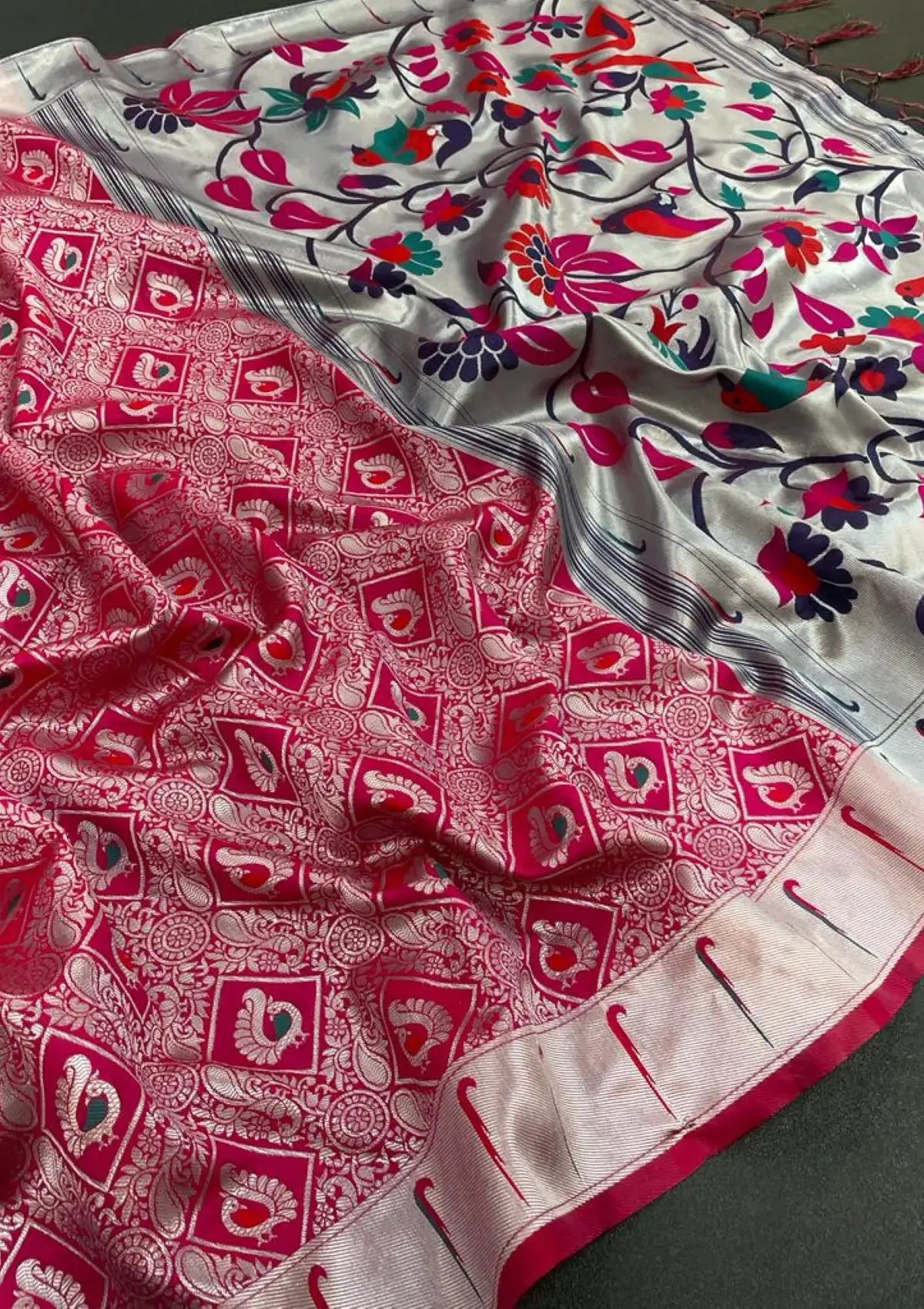 Pure Silver Paithani Silk Saree with Rich Pallu
