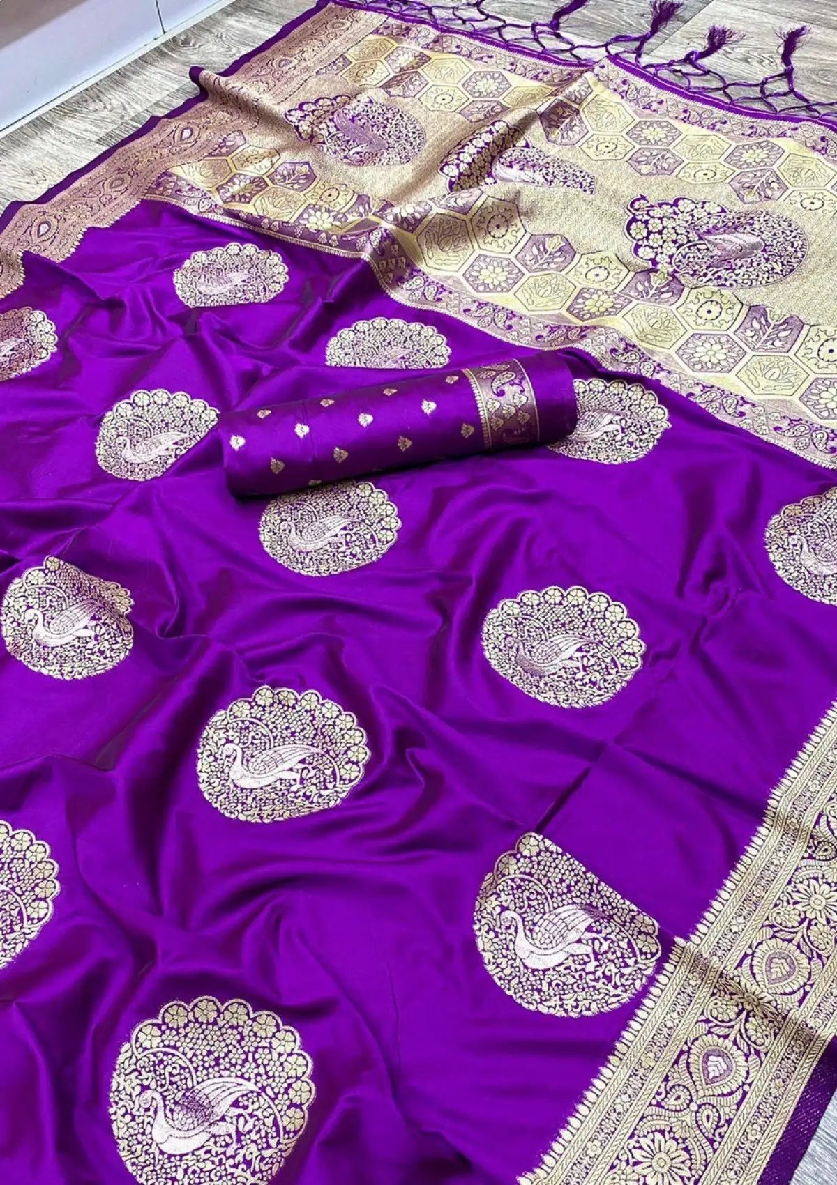 Purple Pure Silk Peacock Motif Saree