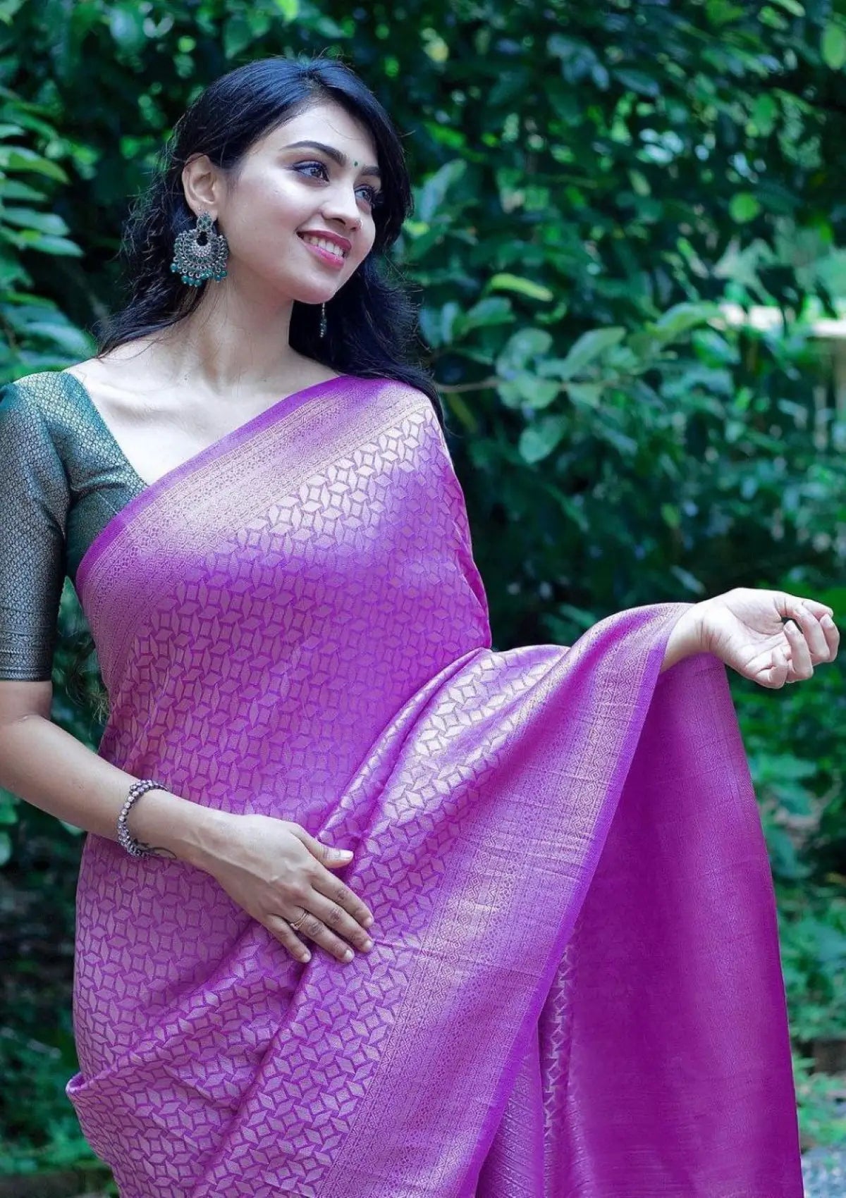 Purple with Green Blouse with Silver Zari Saree
