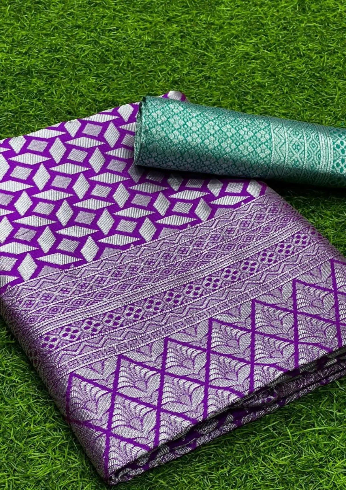 Purple with Green Blouse with Silver Zari Saree