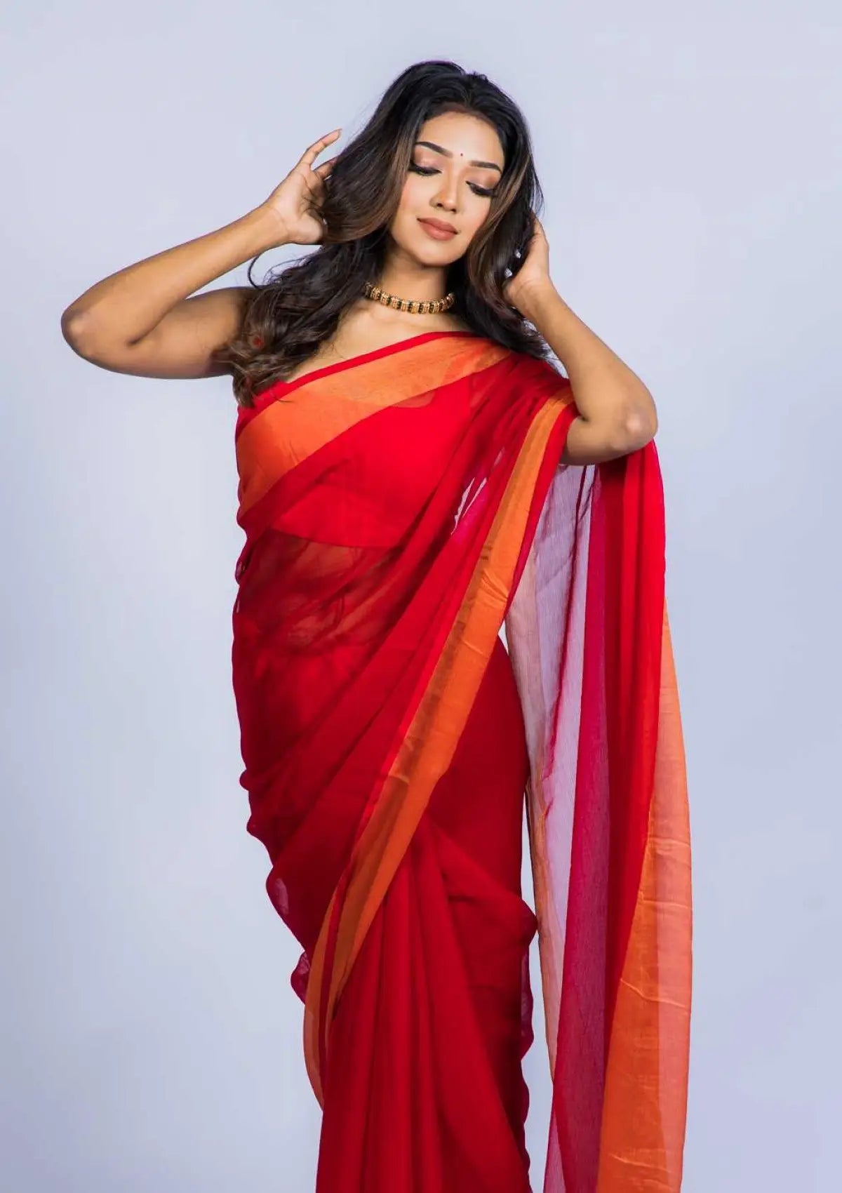 Red Chiffon Gold Zari Weaving Saree