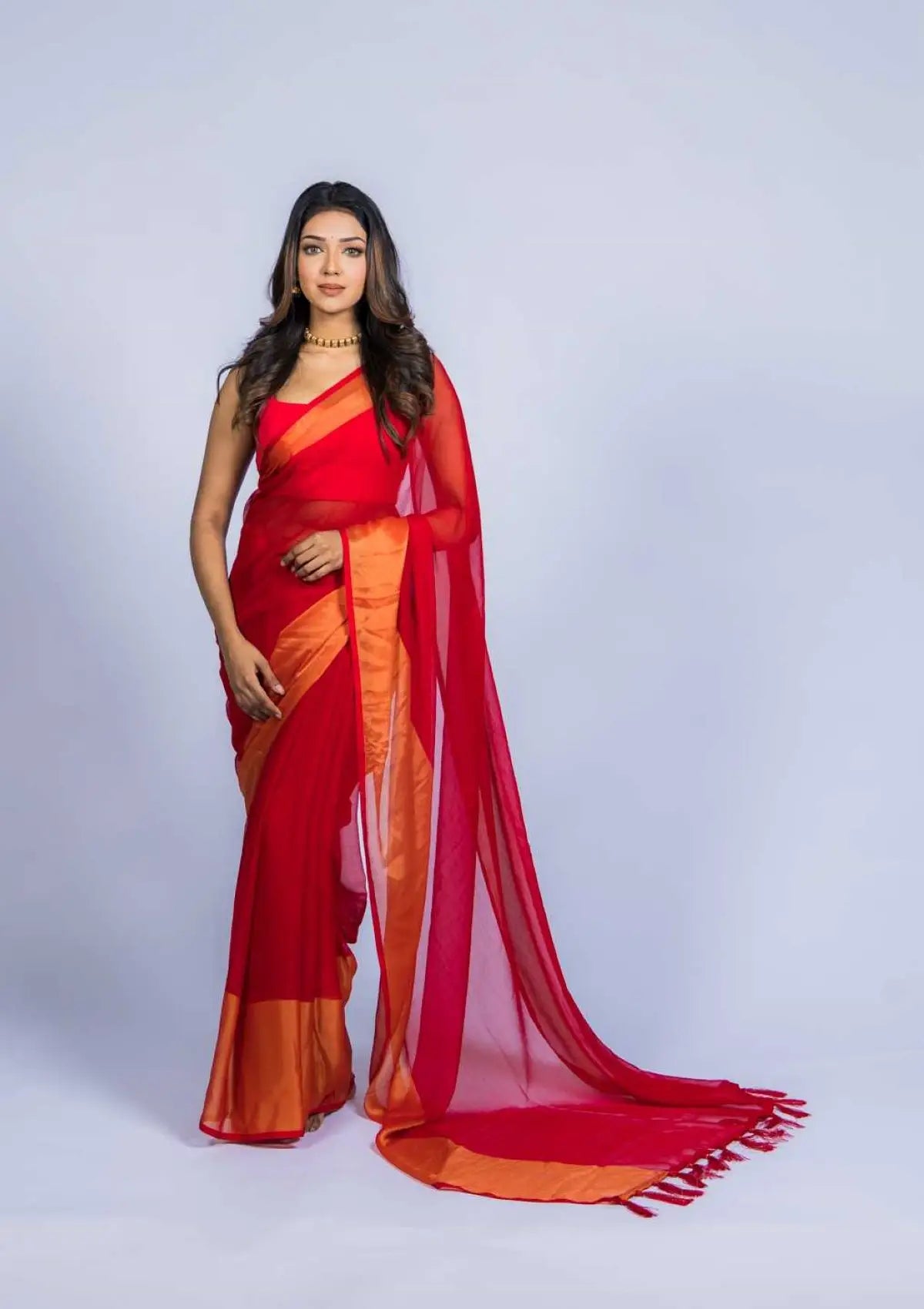 Red Chiffon Gold Zari Weaving Saree