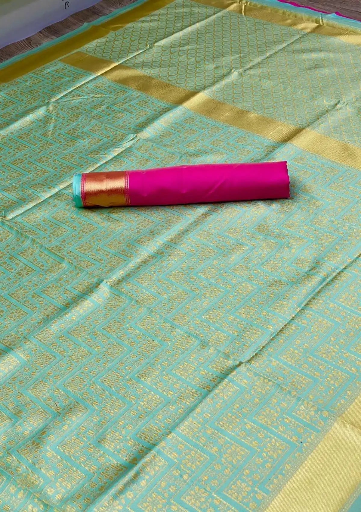 Sky Gold Zari Lichi Silk Saree