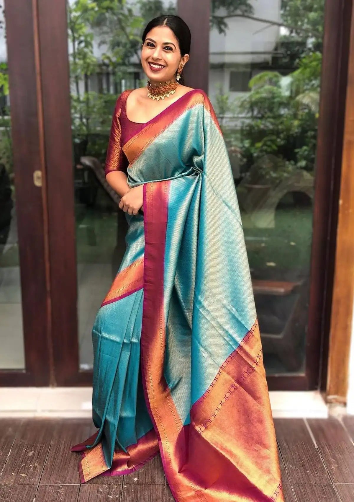 Sparkling Banarasi Silk Rama Designer Traditional Saree