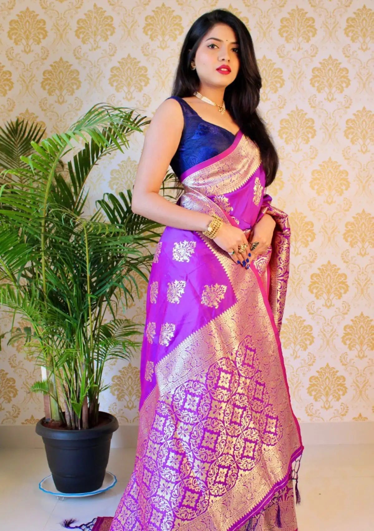 Violet Zari Woven Pure Silk Saree