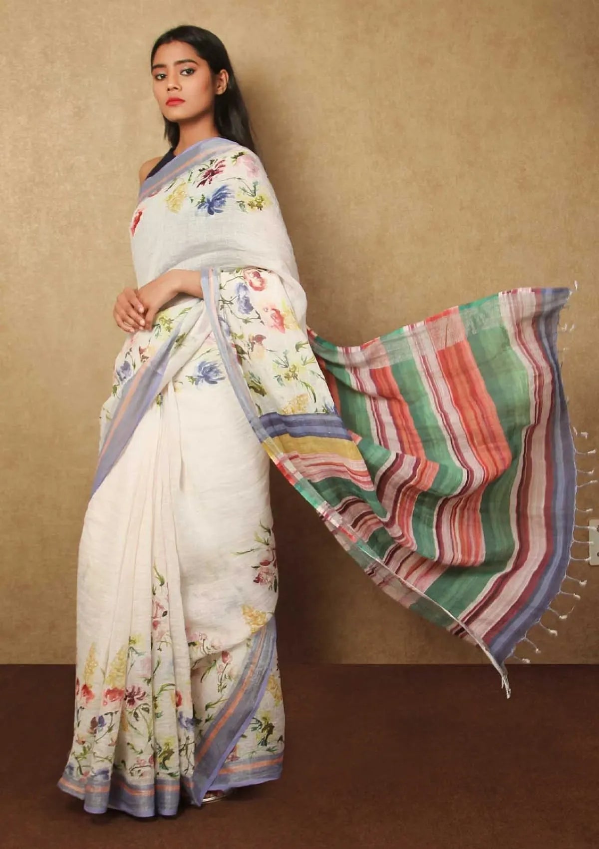 White Floral Print Linen saree