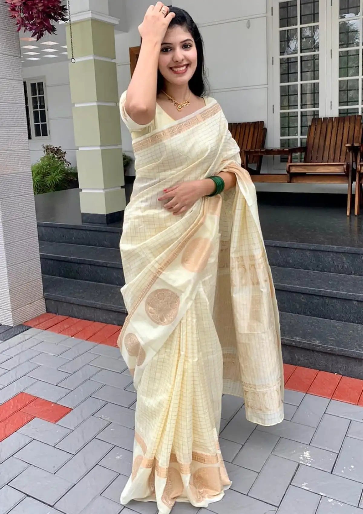White Linen saree with Gold zari weaving