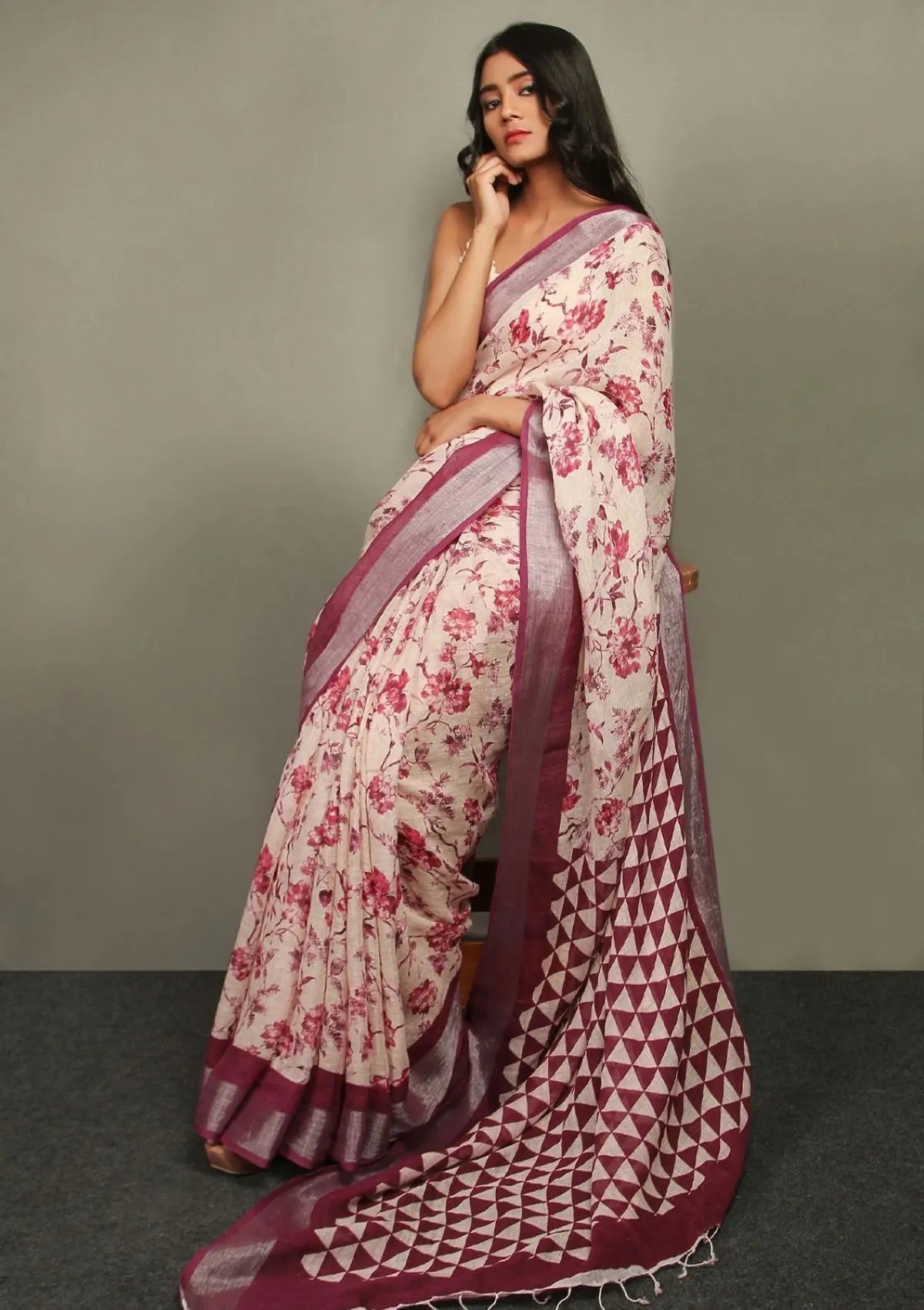 White Maroon Floral Print Linen saree