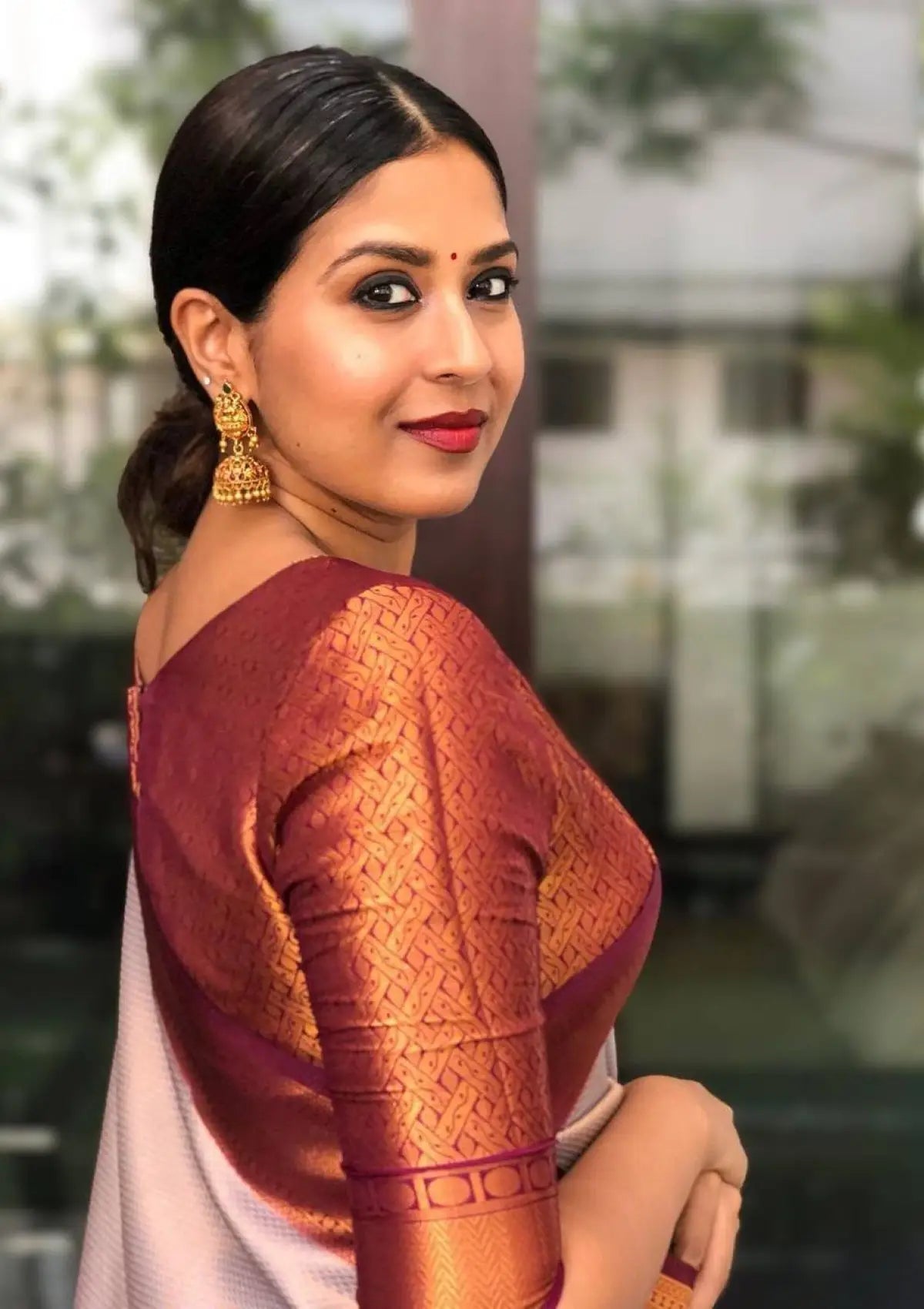 White with Maroon Border Copper Silk Saree