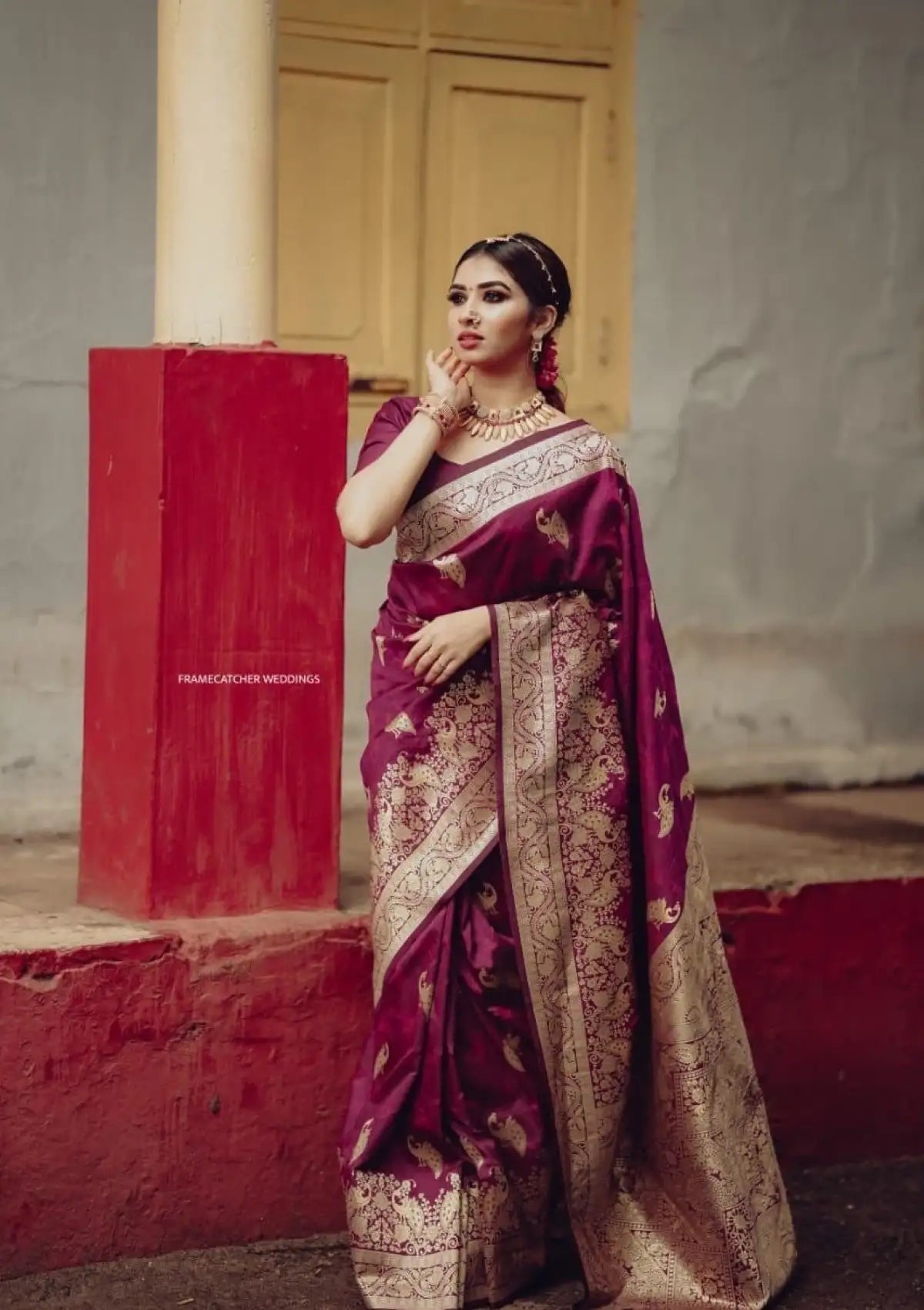 Wine Soft Silk Pure Zari Saree