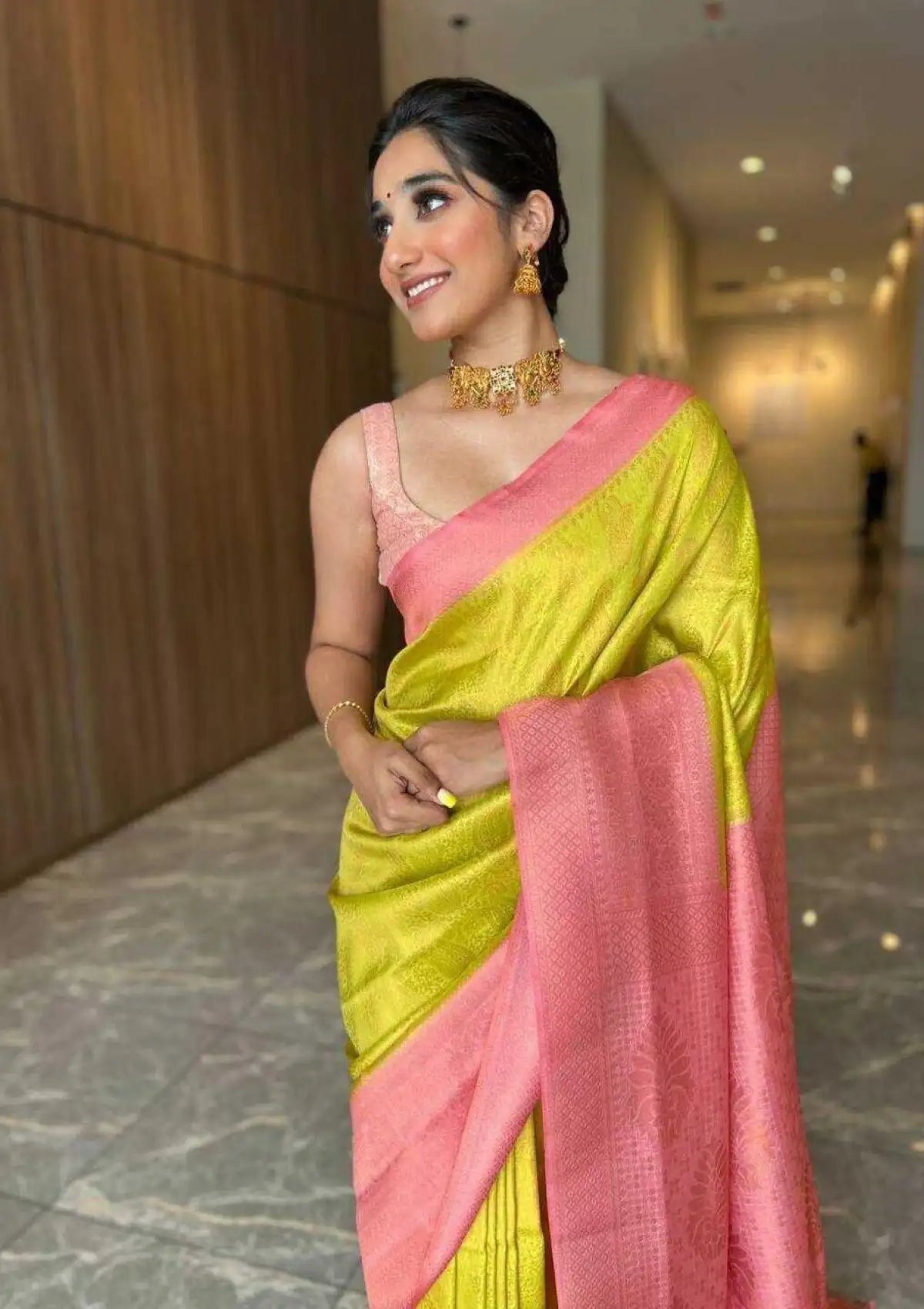 Yellow Peach Combination Lichi Silk Saree