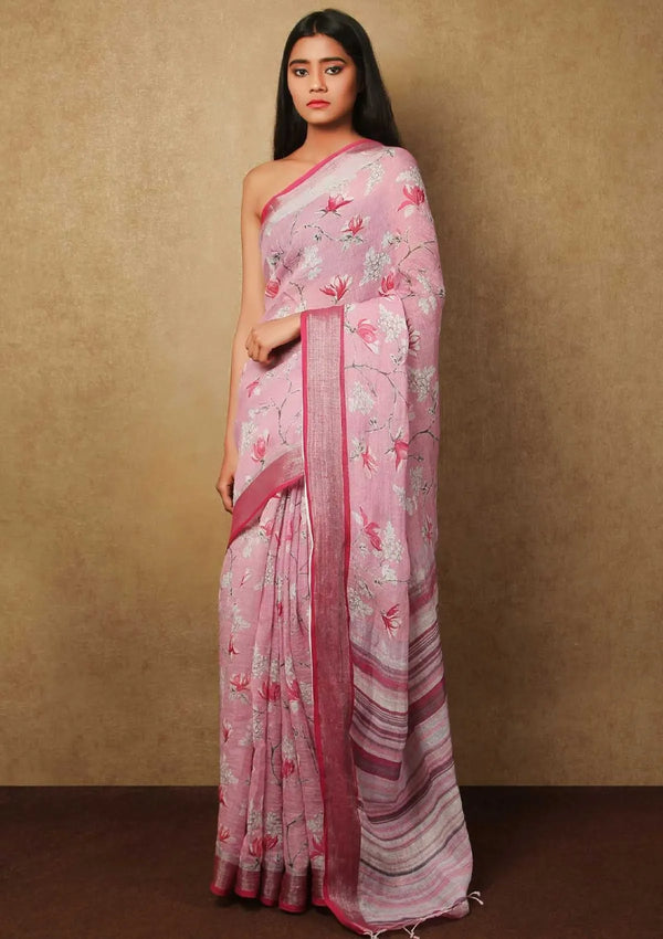 Baby Pink Floral Print Linen saree