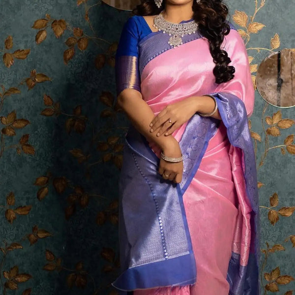 Fuchsia Pink & Blue Banarasi Silk Saree - Urban Womania