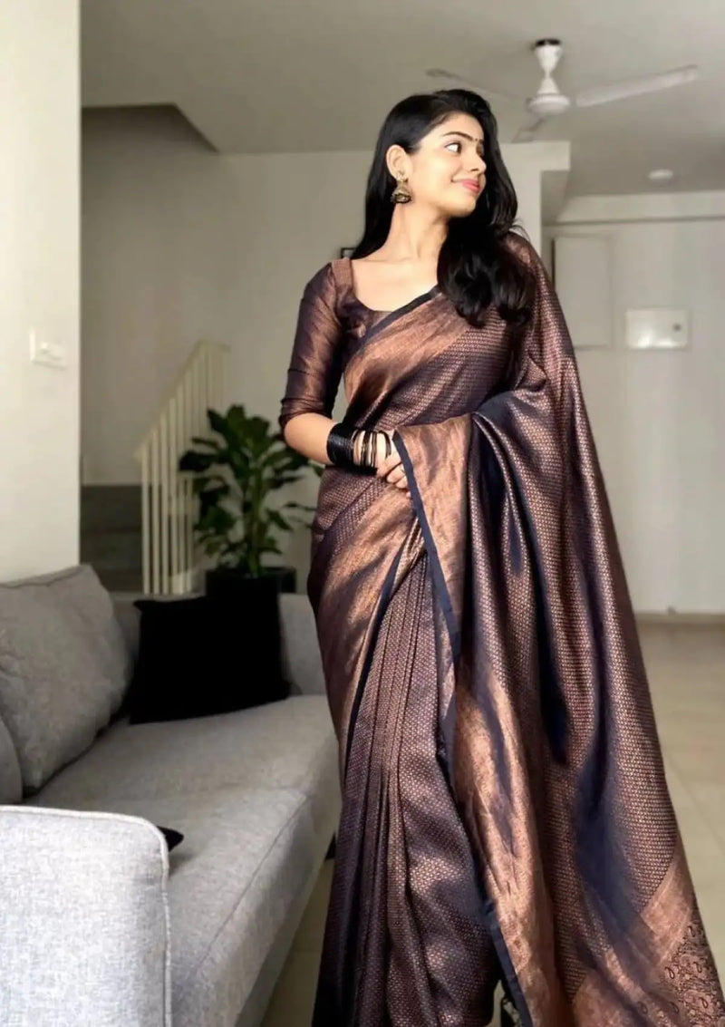 Black Semi Silk/Soft Silk Saree with copper zari and attached plain running  blouse piece. Available in different colors at affordable price range @Rs.  2600 For orders contact : 9741006995 | Black Semi