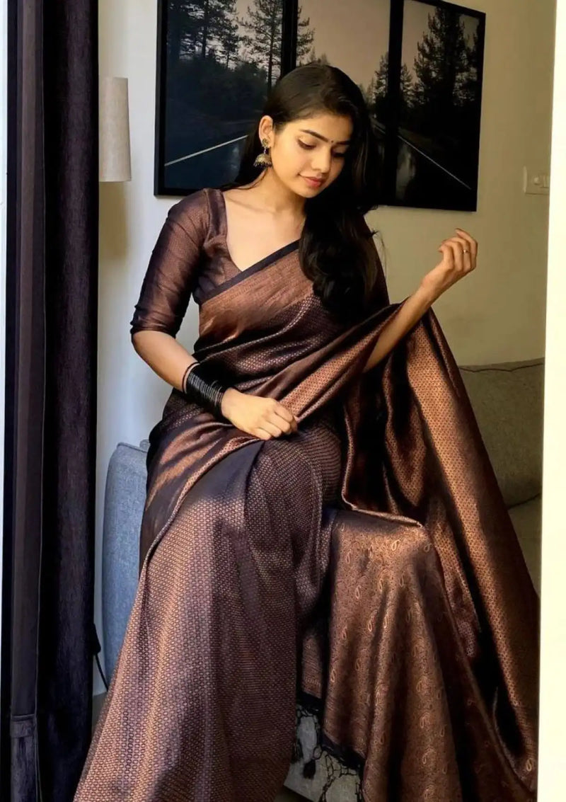 Top Soft Silk Saree | Attractive Black Pure Soft Silk Saree with Copper  Zari Blouse Piece – Glamatyou Fashion