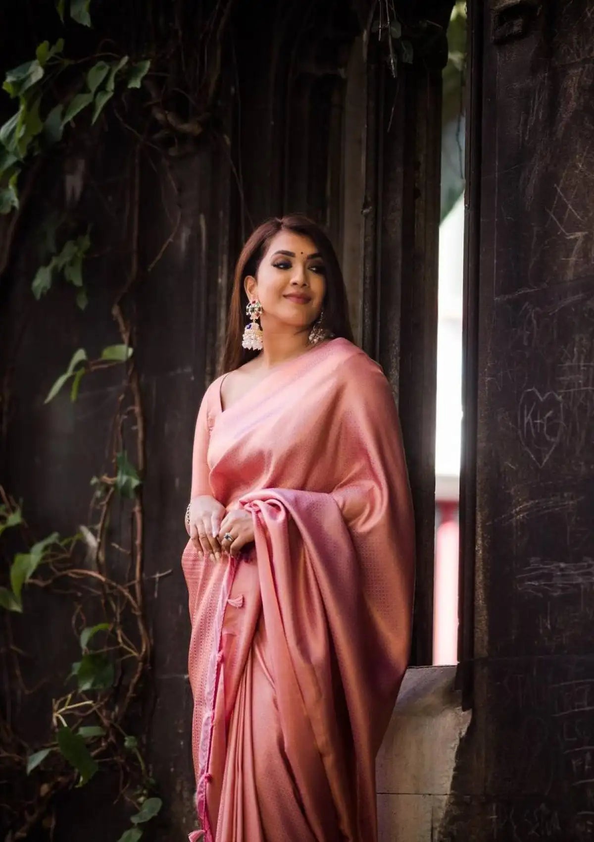 Beautiful Peach Color Designer Banarasi silk saree