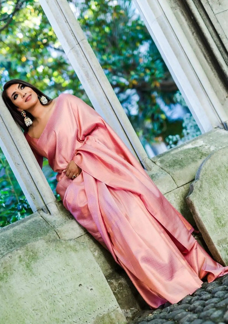 Beautiful Peach Color Designer Banarasi silk saree