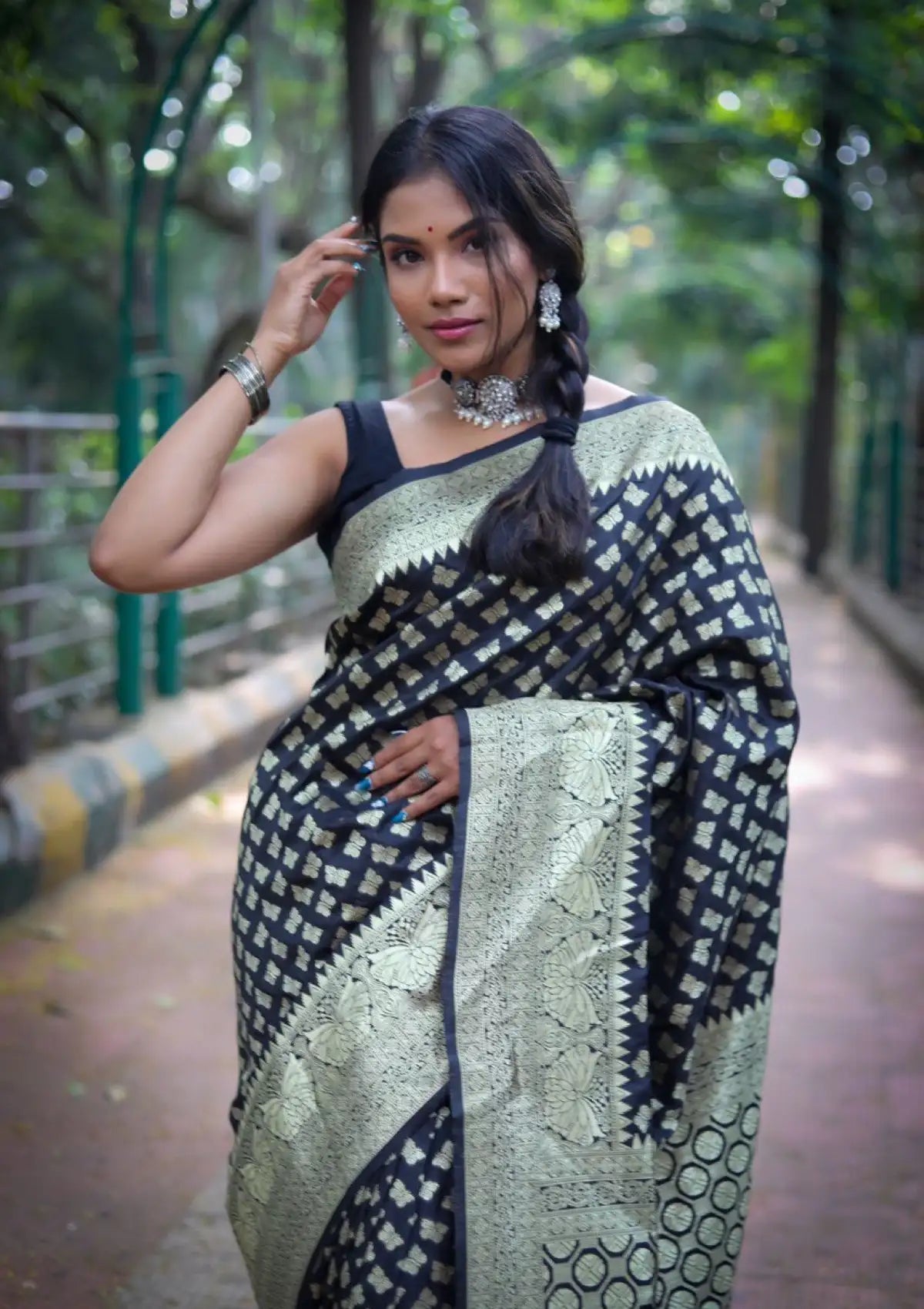 Black Butterfly Zari Woven Pure Silk Saree