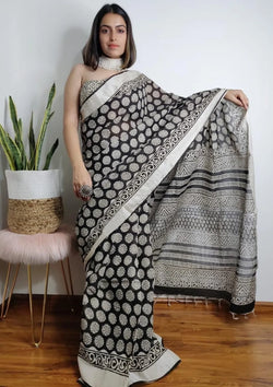 Black Chakra Print Linen saree